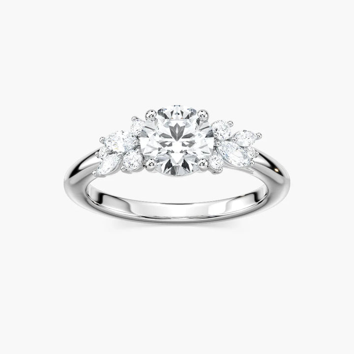 Clover Flower Petal Side Stone Engagement Ring Whitegold