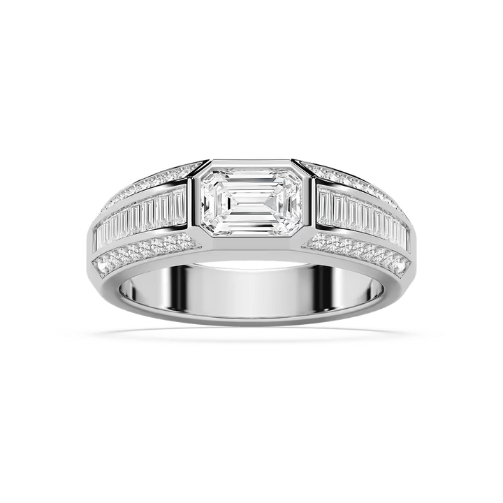 Theodore 2 ⅜ ctw Emerald, Baguette and Round Lab Grown Diamond 4.45mm East West Bezel Mens Wedding Band