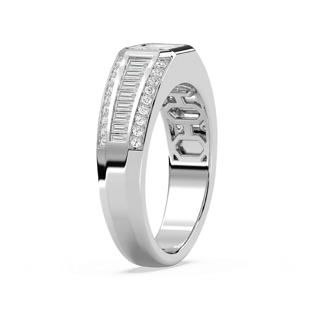 Theodore 2 ⅜ ctw Emerald, Baguette and Round Lab Grown Diamond 4.45mm East West Bezel Mens Wedding Band