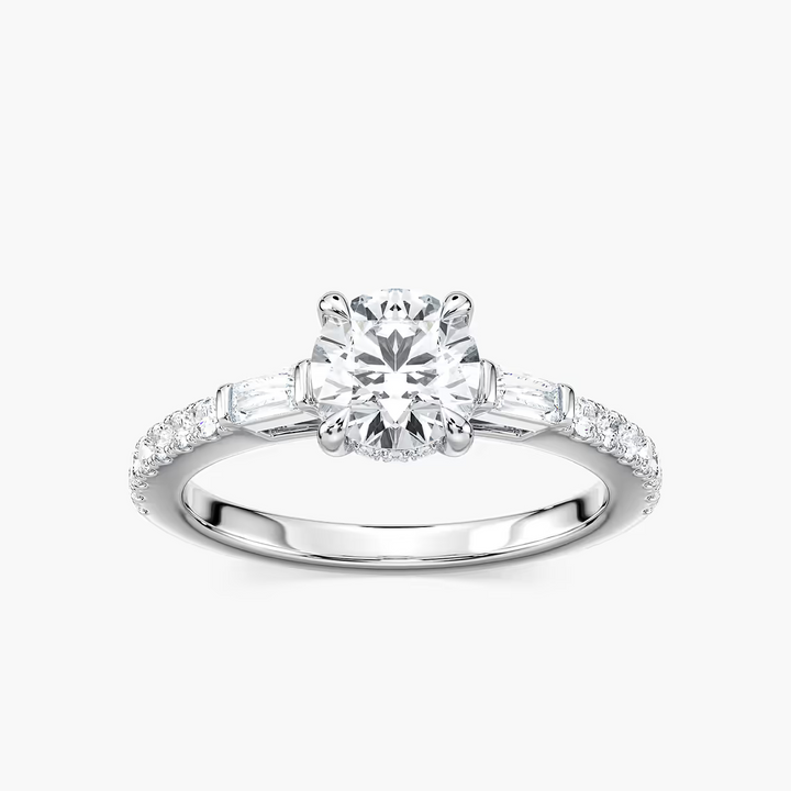 Sangria Lab Grown Diamond Tapered Baguette Sides Hidden Halo Engagement Ring
