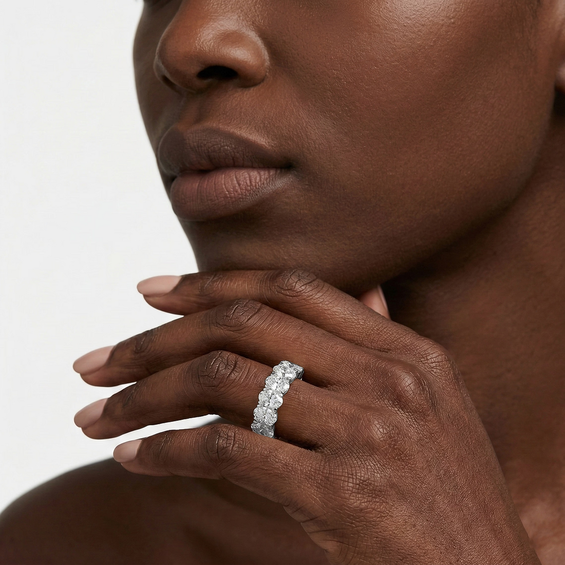 Pearl Oval Lab Grown Diamond Seven Stone V-Prong Anniversary Band